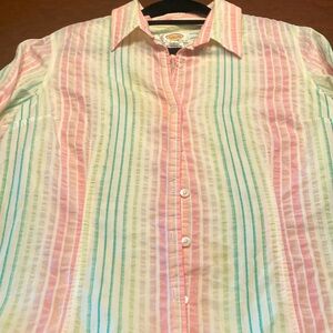 Pink and green striped button-down, long sleeve shirt from Talbots